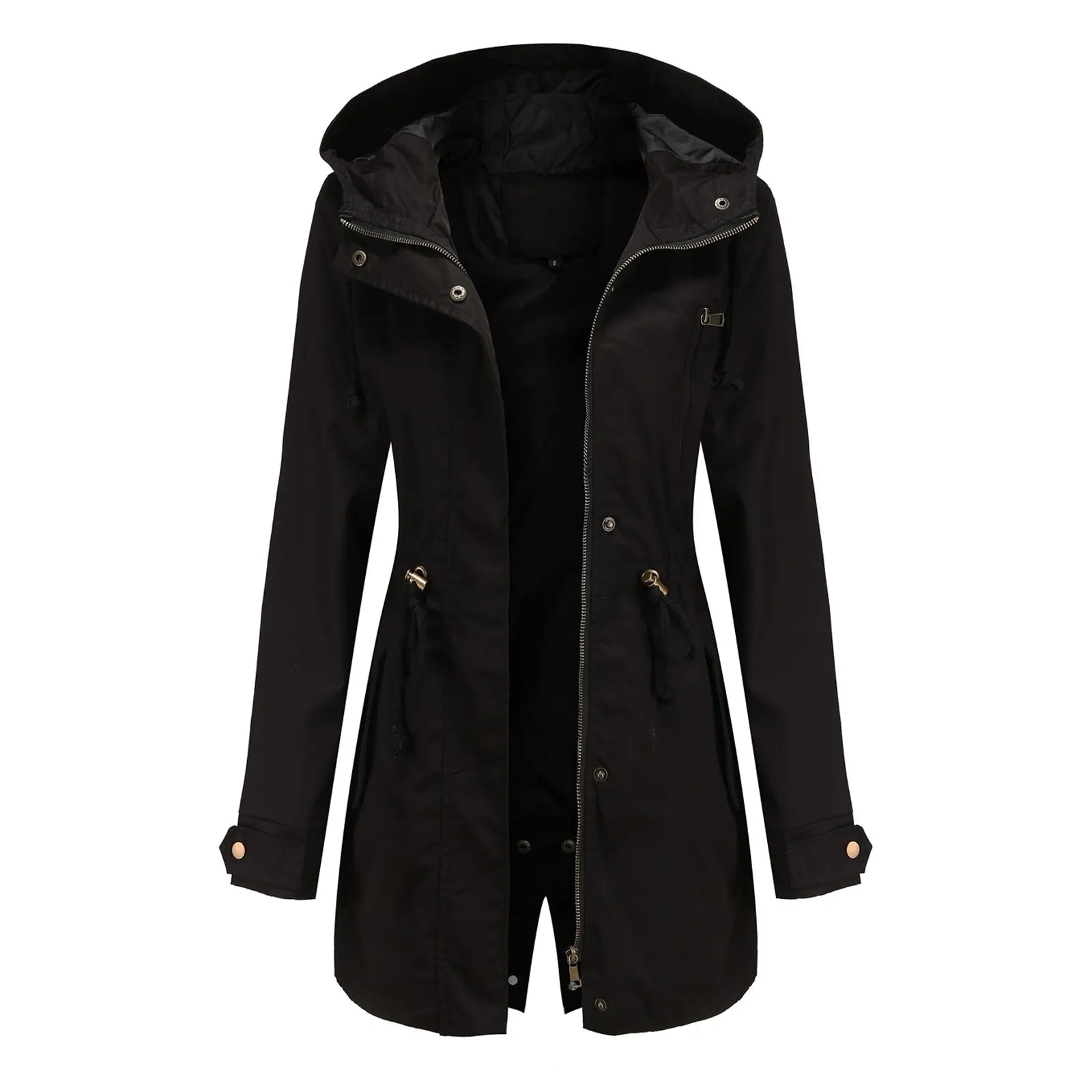 Women's Hooded Drawstring Longline Windbreaker Jacket with Lightweight Streetwear Outdoor Style