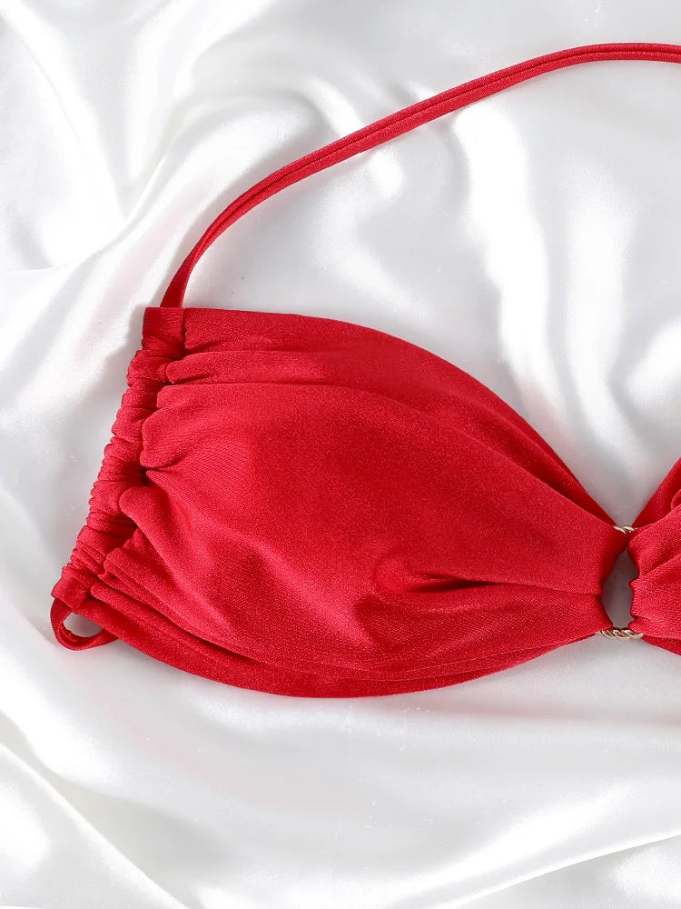 Rich Crimson Red Halter Bikini Set with Underwire Support and Side Ties