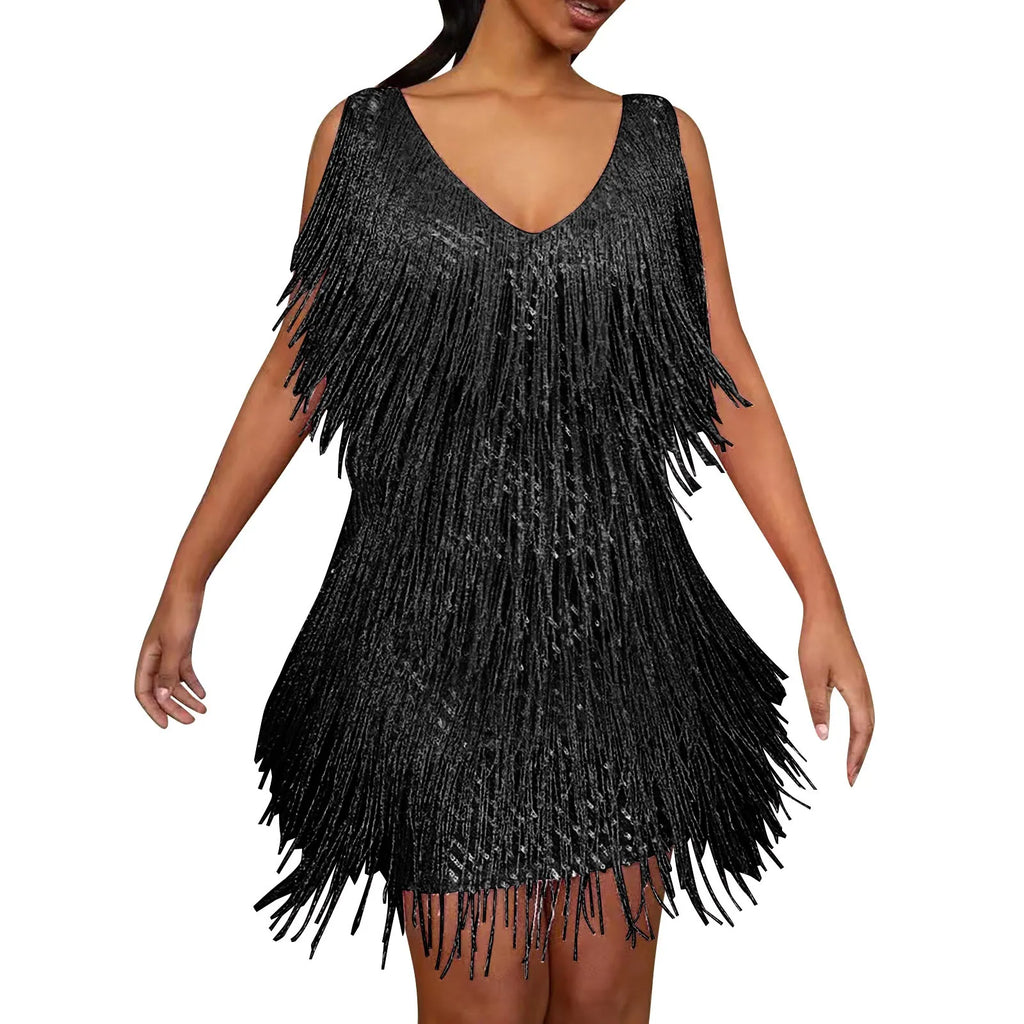 Layered Fringe V-Neck Mini Dress with Dynamic Tassel Detailing