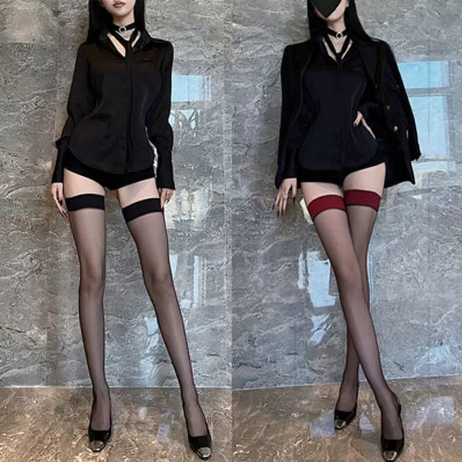 Contrast Top Band Sheer Thigh High Stockings with Lightweight Everyday Stretch Design