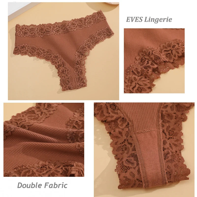 Five-Piece Ribbed Cotton-Blend Brazilian Panty Set with Floral Lace Trim