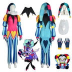 Vibrant Color-Blocked Jester Ensemble with Ruffled Collar and Patterned Trousers