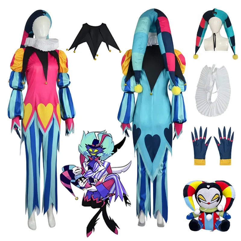 Vibrant Color-Blocked Jester Ensemble with Ruffled Collar and Patterned Trousers