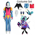 Vibrant Color-Blocked Jester Ensemble with Ruffled Collar and Patterned Trousers
