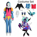 Vibrant Color-Blocked Jester Ensemble with Ruffled Collar and Patterned Trousers