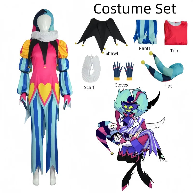 Vibrant Color-Blocked Jester Ensemble with Ruffled Collar and Patterned Trousers