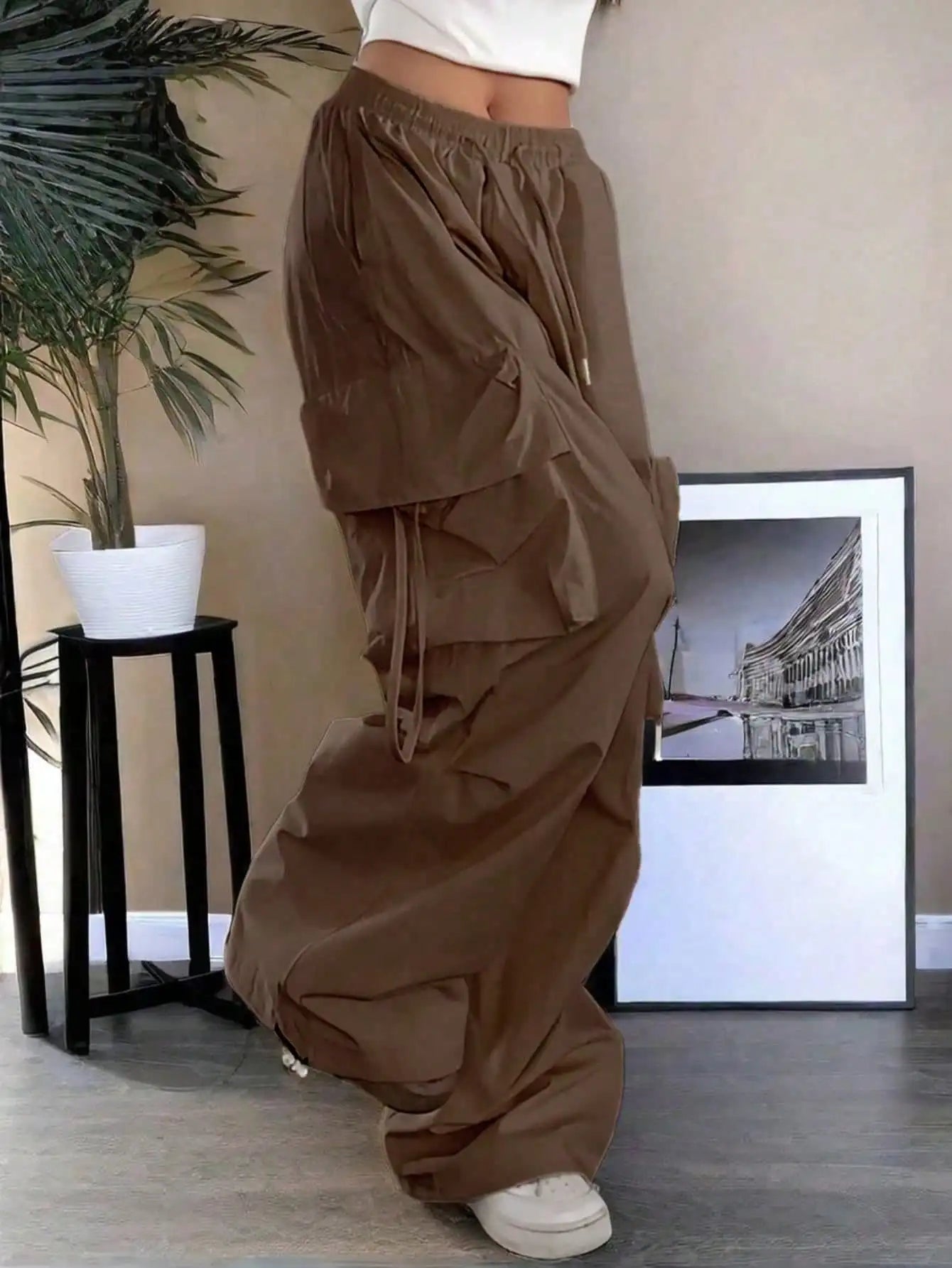 High Waist Cargo Pants with Flap Pockets Relaxed Wide Leg Streetwear Trousers