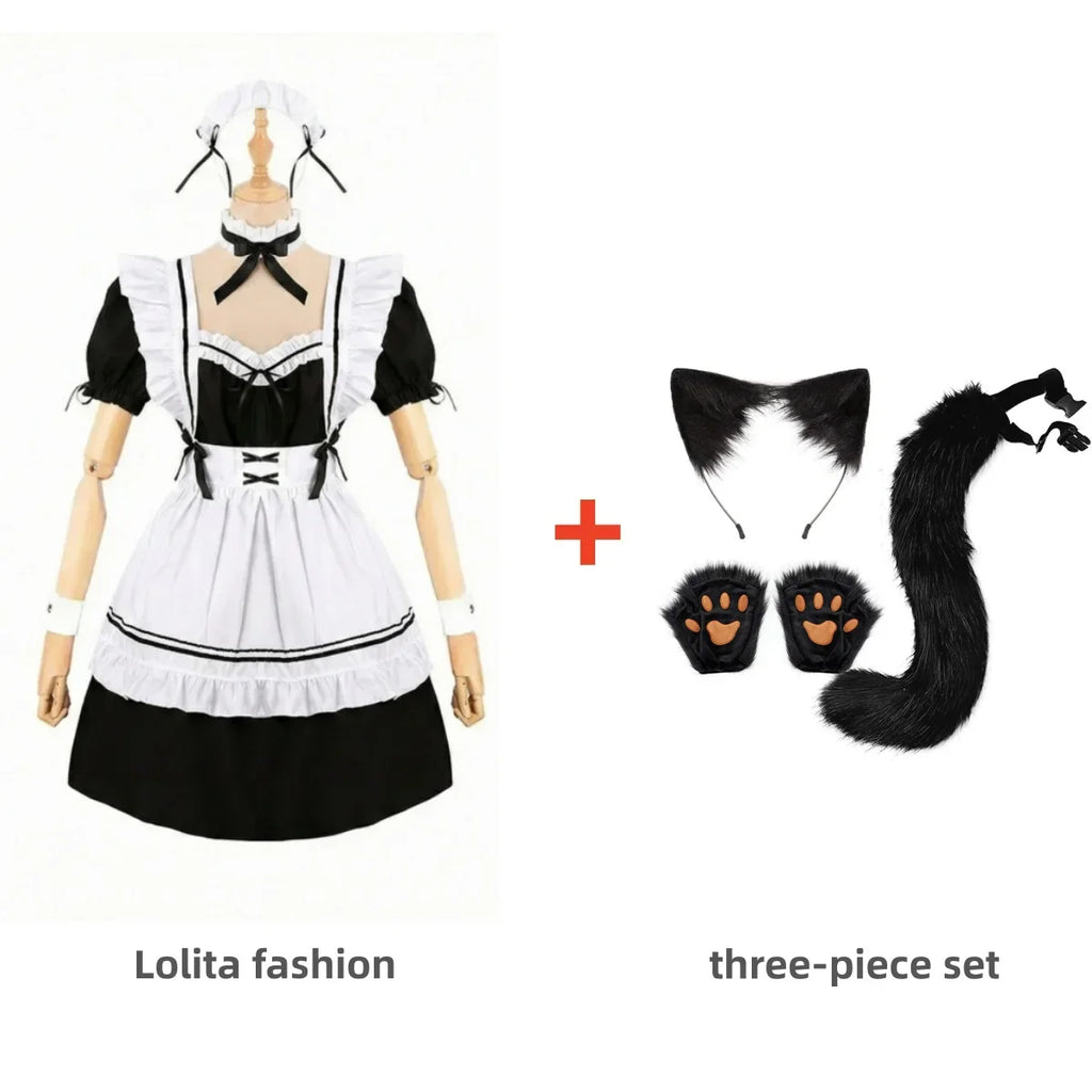 Complete Black and White Fox Maid Cosplay Set with Plush Paws, Tail, and Ear Headband
