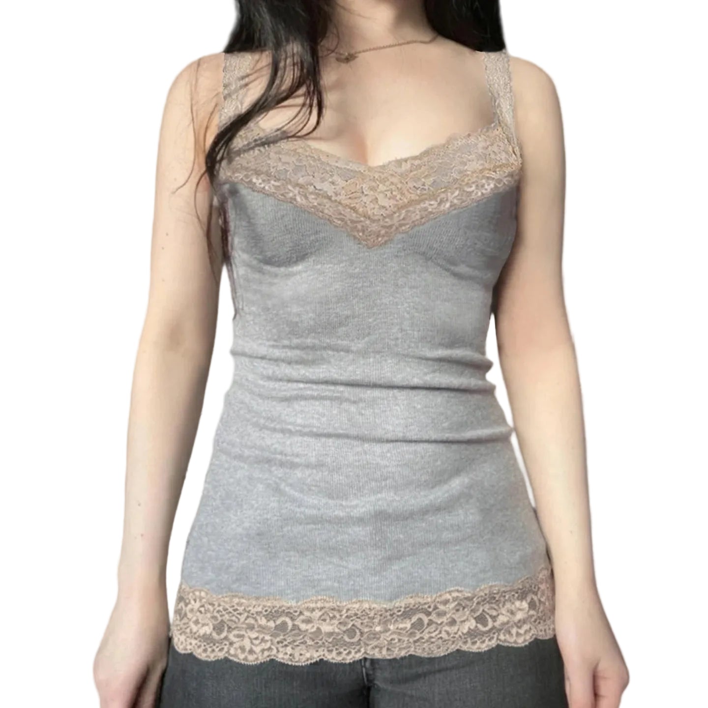 Lace Trim V-Neck Camisole Tank Top with Slim Fit Everyday Streetwear Styling