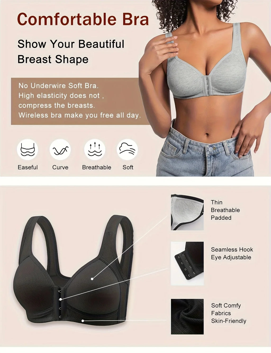 Ribbed Texture Front-Closure Wireless Bra with Wide Shoulder Straps