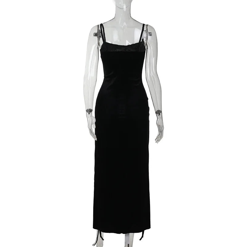 Dark Gothic Split-Leg Maxi Dress with Alternative Streetwear Aesthetic