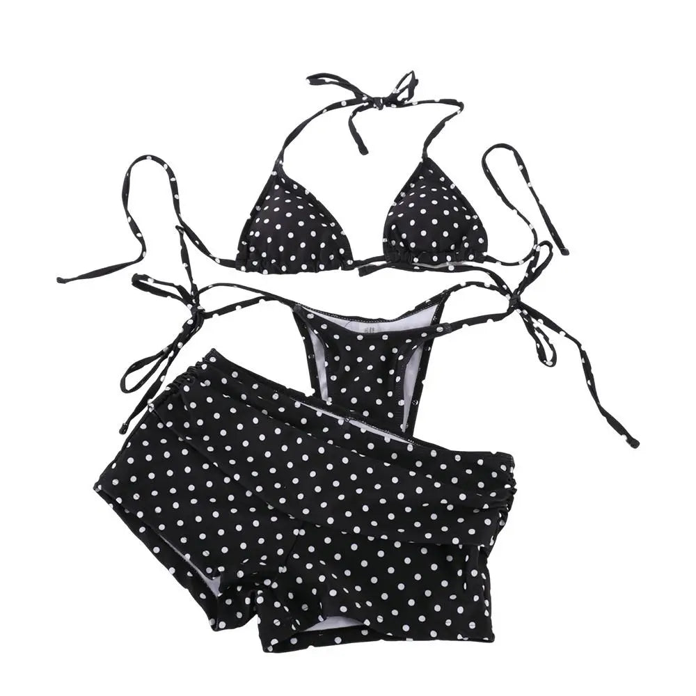 Classic Navy Polka Dot Three-Piece Bikini Set with Matching Swim Shorts