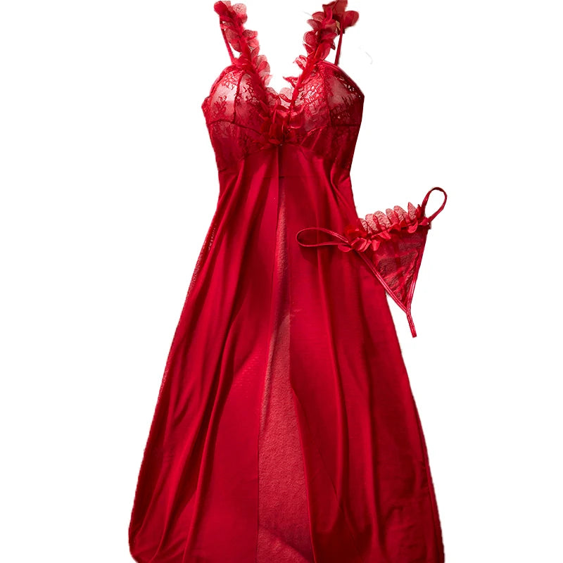 Dramatic Red Sheer Mesh Maxi Nightgown Set with Ruffled Neckline