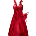 Dramatic Red Sheer Mesh Maxi Nightgown Set with Ruffled Neckline