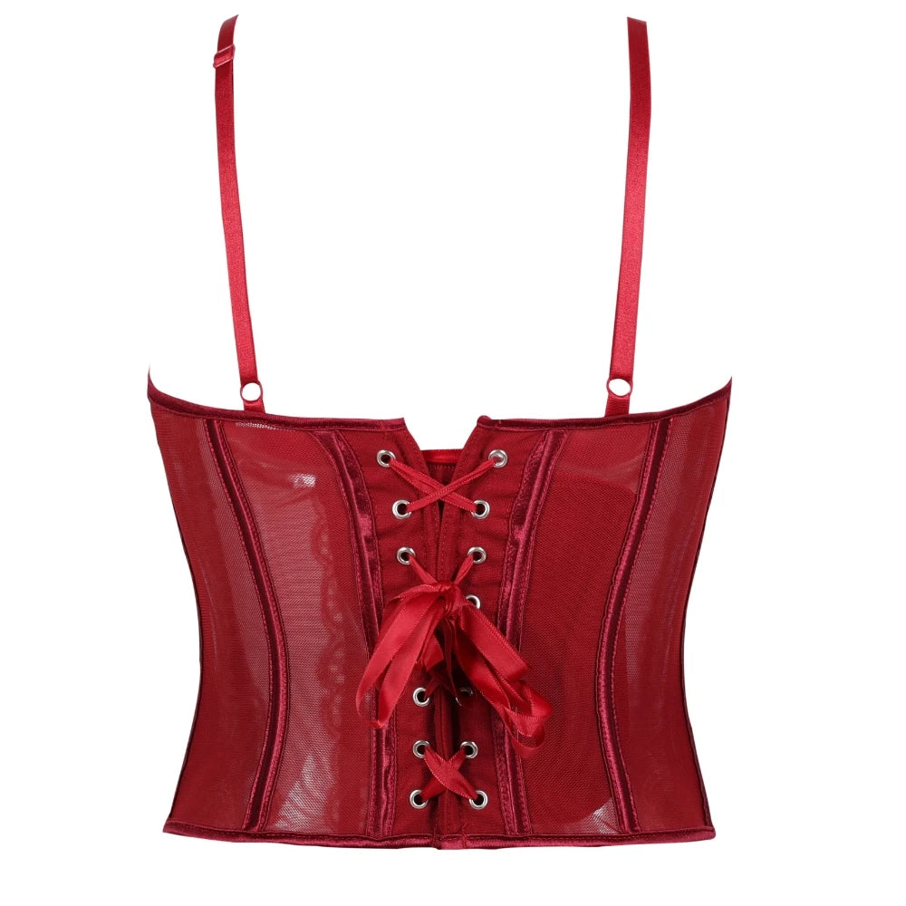 Crimson Red Lace and Sheer Mesh Bustier with Front Hook Closure