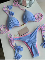 Soft Periwinkle Triangle Bikini Set with Two-Tone Twisted Rope and Tassel Details