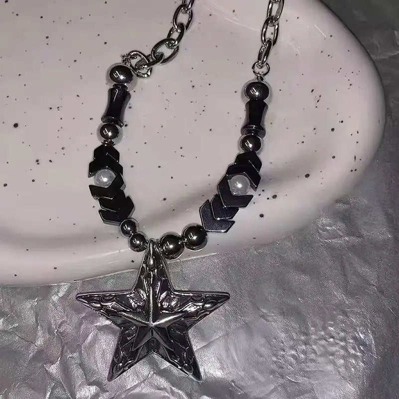 Layered Gothic Star Pendant Necklace With Grunge Beaded Chain Alternative Streetwear Styling