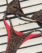 Fierce Leopard Print Plunge Triangle Bikini Set with Metallic Ring Accents