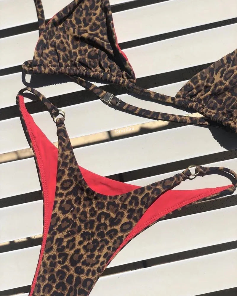 Fierce Leopard Print Plunge Triangle Bikini Set with Metallic Ring Accents