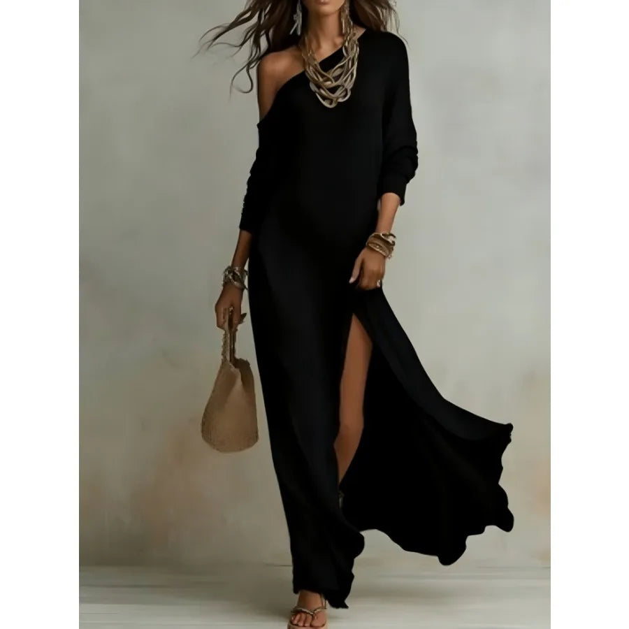 Long Sleeve Pleated Split Maxi Dress with Flowing Contemporary Elegance