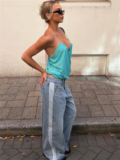Cross Halter Ruched Tank Top with Backless Design Contemporary Streetwear Style