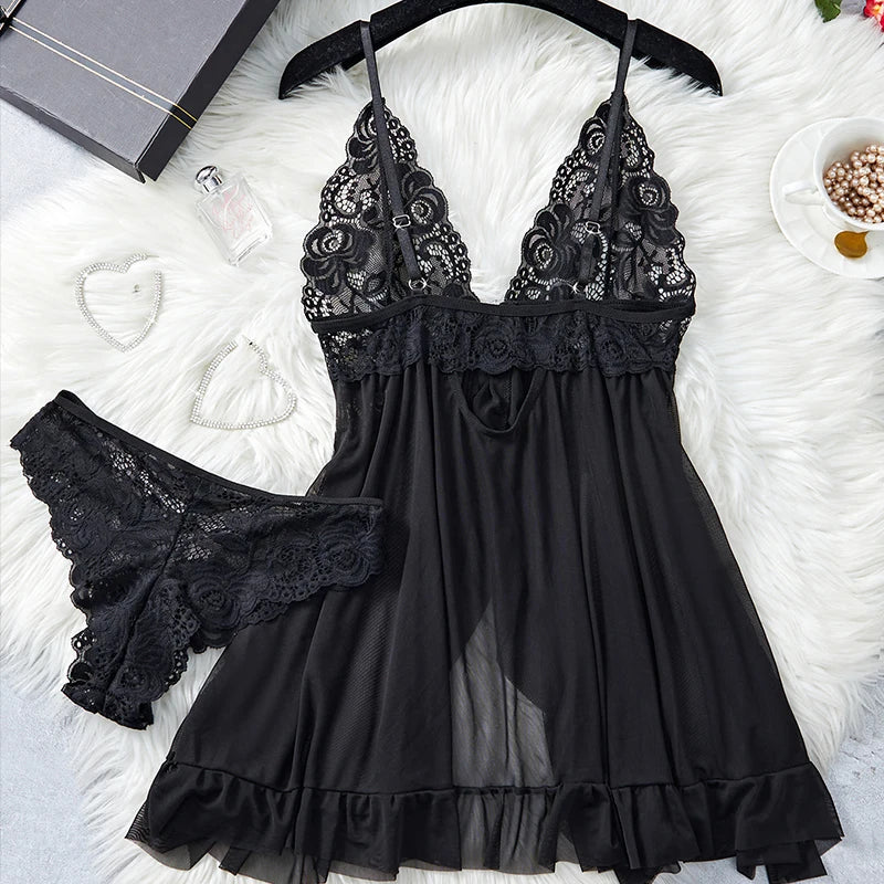 Black Floral Lace Underwire Chemise with Front Cutout and Strappy Hem Detailing