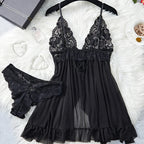 Black Floral Lace Underwire Chemise with Front Cutout and Strappy Hem Detailing