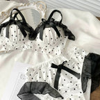 Playful Black and White Polka Dot Wire-Free Ruffled Bra Set