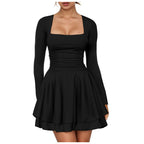 Square Neck Long Sleeve Mini Dress with Structured Waist and Ruffle Hem