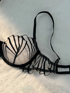 Architectural Black Linear Embroidery and Nude Mesh Underwire Set