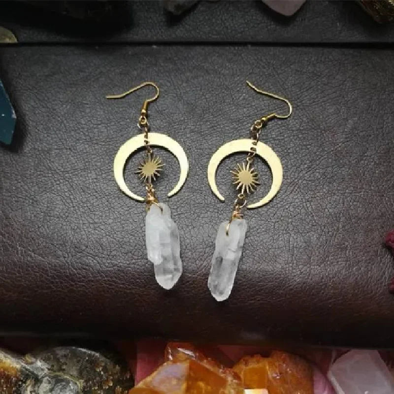 Witchcore Sun and Crescent Moon Crystal Drop Statement Earrings