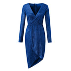 Sequin Texture Wrap Midi Dress with Long Sleeves and Side Slit