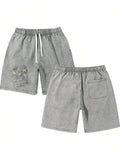 Men's Washed Cotton Shorts with Graphic Artwork and Relaxed Drawstring Everyday Casual Fit