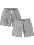 Men's Washed Cotton Shorts with Graphic Artwork and Relaxed Drawstring Everyday Casual Fit