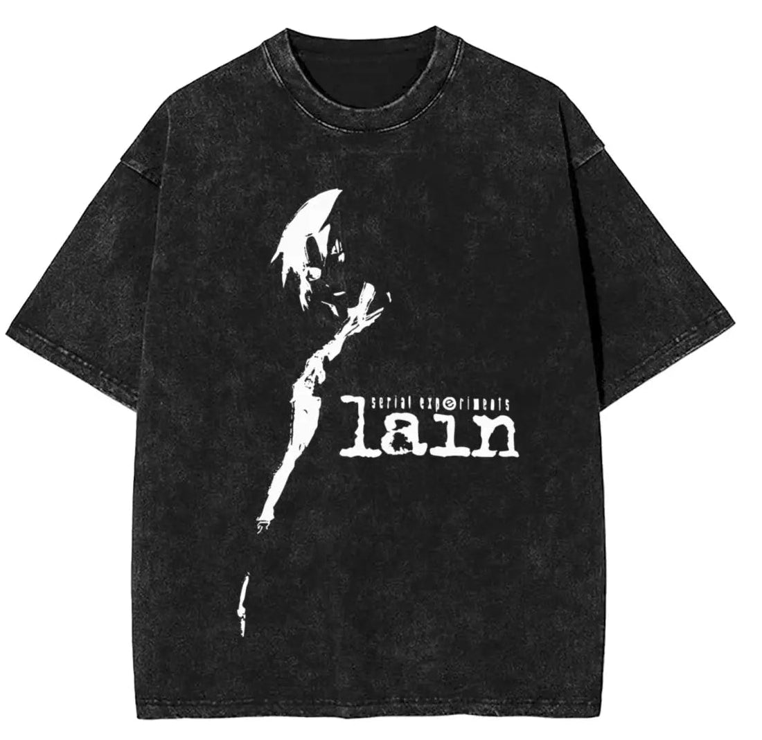 Anime Goth Minimalist Graphic Tee with Distressed Cyber Streetwear Aesthetic