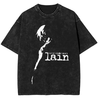 Anime Goth Minimalist Graphic Tee with Distressed Cyber Streetwear Aesthetic