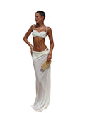 Three-Piece Bandeau Swimwear Set with Textured Bikini and Flowing Maxi Skirt