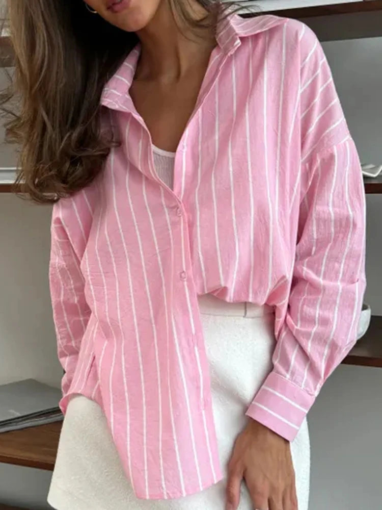 Oversized Pink and White Striped Long-Sleeve Button-Down Shirt