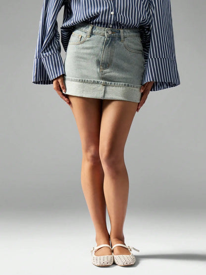 Low Rise Denim Mini Skirt with Folded Hem Pocket Detail Streetwear