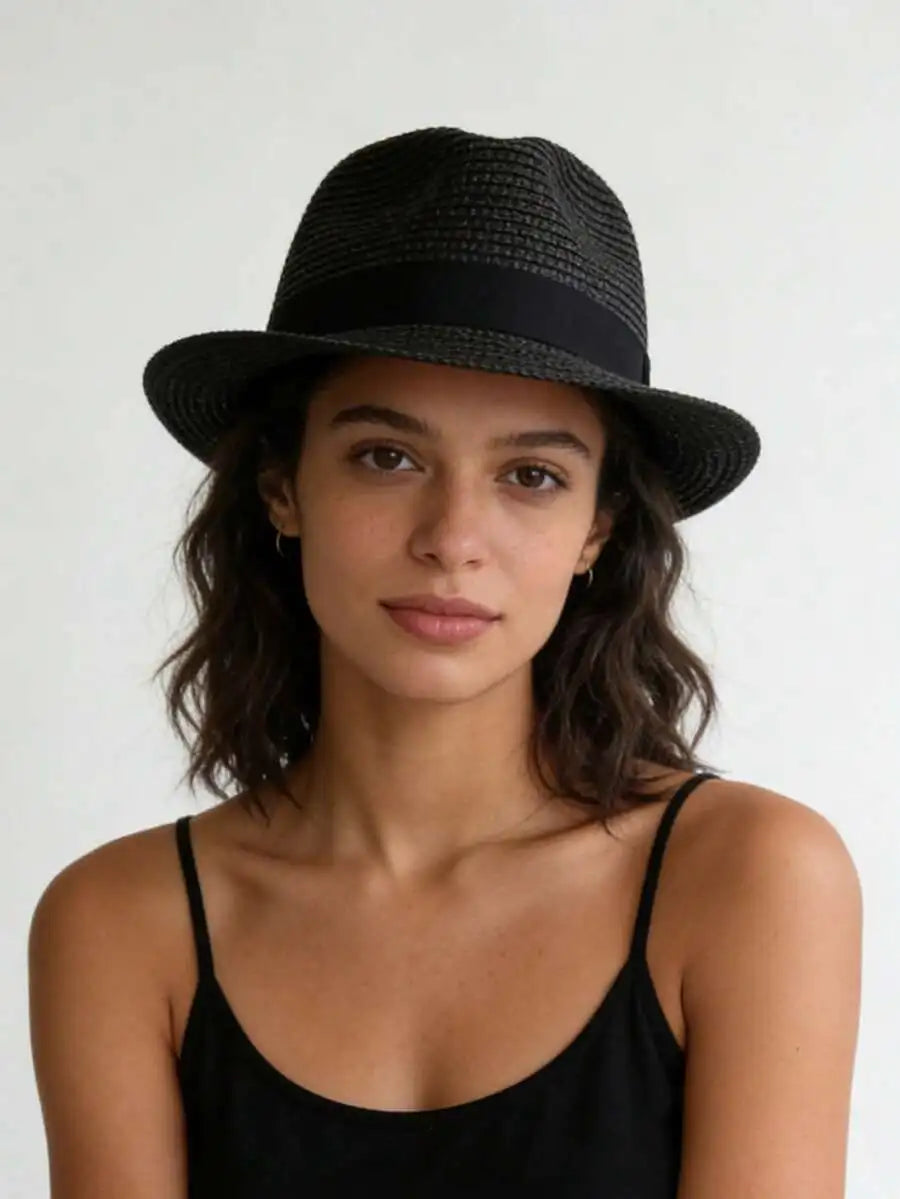 Unisex Woven Straw Fedora Sun Hat with Decorative Band for Casual Summer Outdoor Style