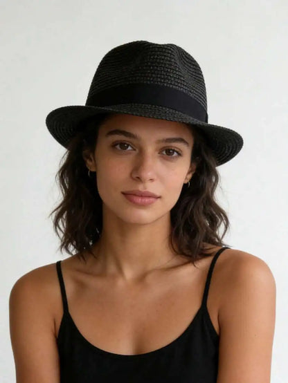 Unisex Woven Straw Fedora Sun Hat with Decorative Band for Casual Summer Outdoor Style