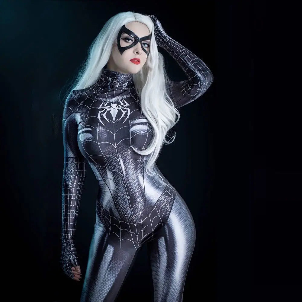 Form-Fitting Metallic Silver and Black 3D Spiderweb Print Jumpsuit