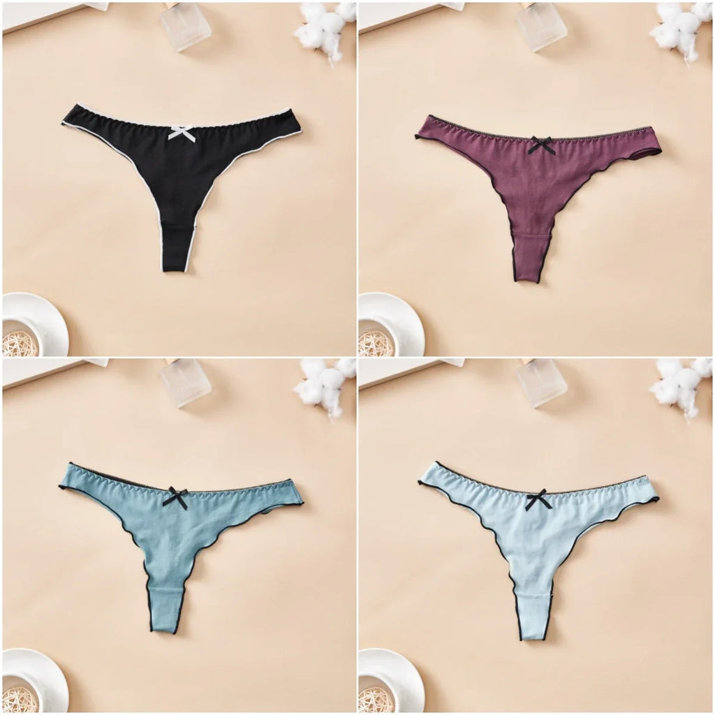 4-Piece Women’s Cotton Low-Rise Thong Panties Set with T-Back Silhouette, Decorative Bow Detail and Assorted Solid Colors