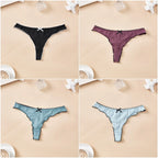 4-Piece Women’s Cotton Low-Rise Thong Panties Set with T-Back Silhouette, Decorative Bow Detail and Assorted Solid Colors