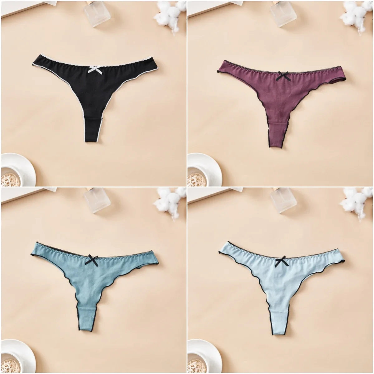 4-Piece Women’s Cotton Low-Rise Thong Panties Set with T-Back Silhouette, Decorative Bow Detail and Assorted Solid Colors