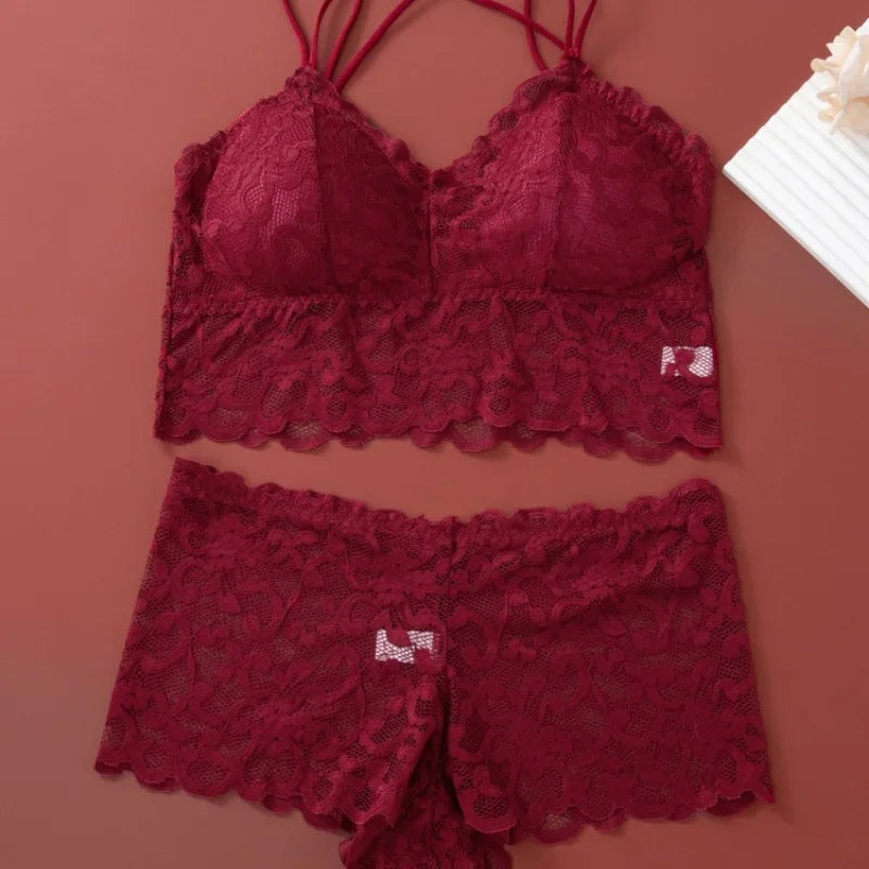 Floral Lace Longline Bralette and Coordinating Boyshort Set with Double Front Straps