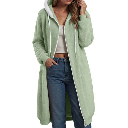 Longline Plush Fleece Hooded Jacket with Relaxed Streetwear Layering Fit