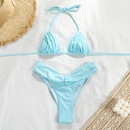 Solid Black Ruched Triangle String Bikini with Gathered Detailing
