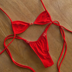 Minimalist Coral Pink Triangle String Bikini with Pearl Embellishments