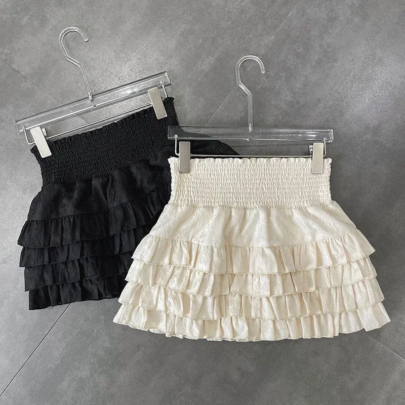 Layered Ruffle Pleated Mini Skirt with High Waist A-Line Silhouette